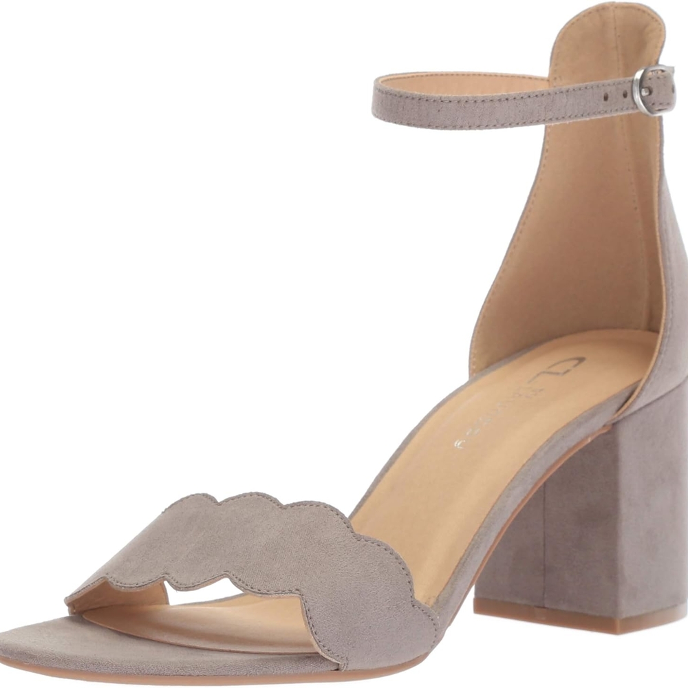 Chinese Laundry Scalloped Suede Ankle-Strap Block Heel Sandals in Taupe